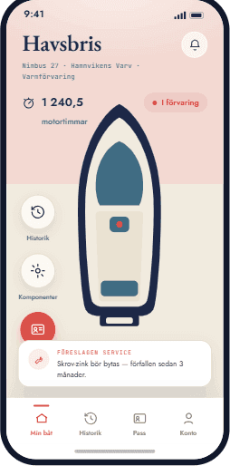 Yardlys båtägar-app — båt, motortimmar och servicehistorik